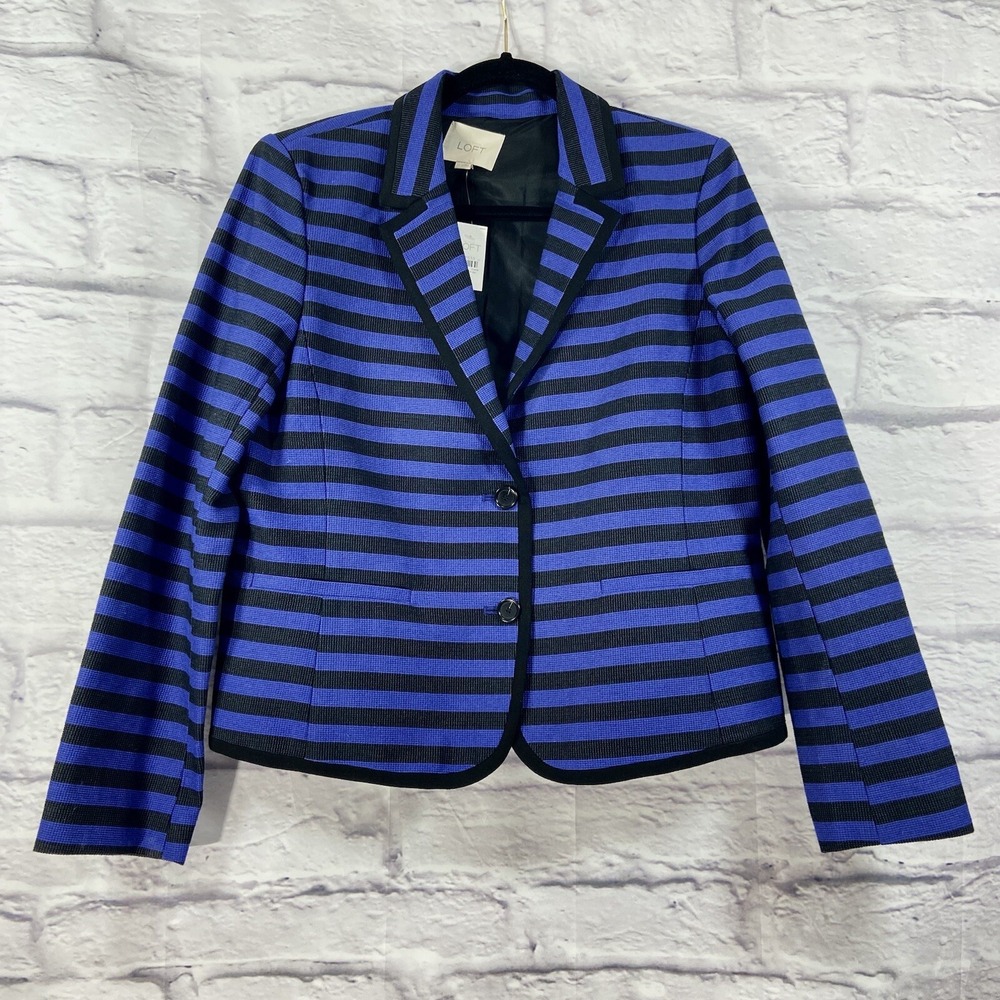 Loft Jacket Women's 12 Blue Black Striped Blazer Long Sleeves Twill New